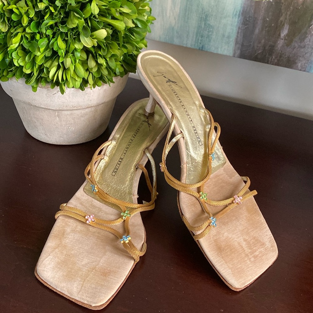 GIUSEPPE ZANOTTI DESIGN GOLD-TONE STRAP HEEL LUXURY SANDALS SIZE 9.5 🌟EUC🌟